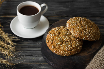 Cookies on a rustic background. A delicious and healthy breakfast.