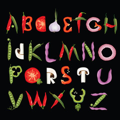 Food alphabet made of vegetables. Eco Font. Healthy letter.