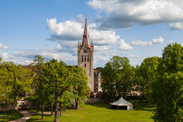 Cathedral aerial view, is a part of ancient Livonian castle in old town of Cesis, Latvia. Greenery and summer daytime.