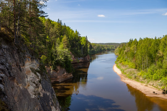 Panoramic view of river Gauja turn from path on the hill. Gauja National park, Latvia.