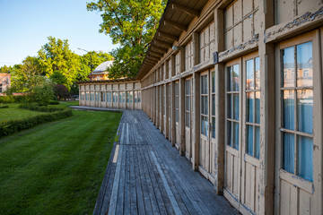 Wooden cabins for sunbathing near Krimulda palace in Gauja National Park near Sigulda, Latvia.
