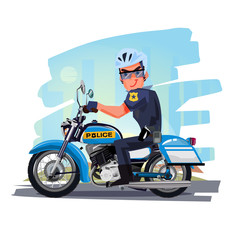 Fototapeta na wymiar Police officer riding motorcycle with city in background. character design - vector