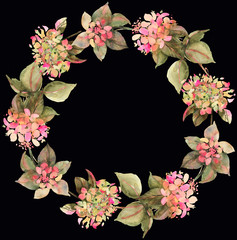 Fototapeta na wymiar Hydrangea watercolor wreath dark backgroind