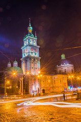 Fototapeta na wymiar Night Lviv cityscape in the winter