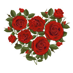 Heart shaped red rose bush. Vector illustration for greeting cards.