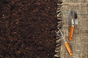 Gardening tools on fertile soil texture background seen from above, top view. Gardening or planting...