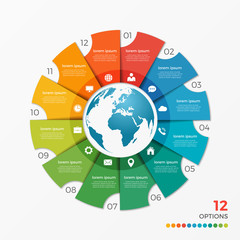 Circle chart infographic template with globe 12 options