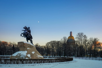 Bronze horseman and Isaac cathedral in evening