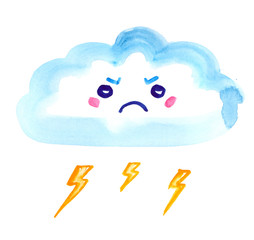 Angry cartoon cloud with lightning painted in watercolor on clean white background