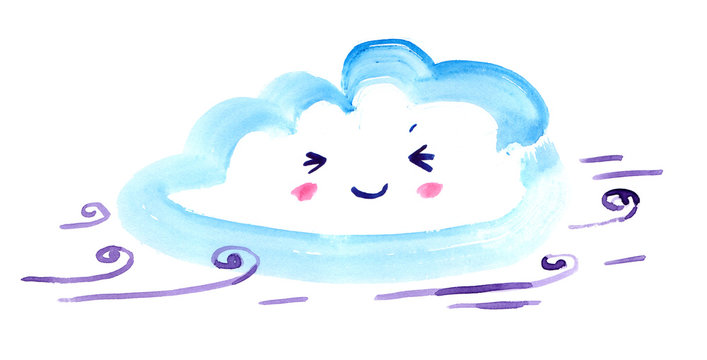 Happy Cartoon Cloud In Windy Sky Painted In Watercolor On Clean White Background