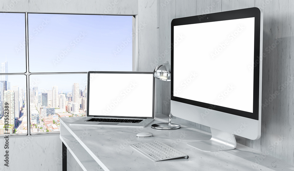Aufkleber Modern desktop interior with computer and devices 3D rendering