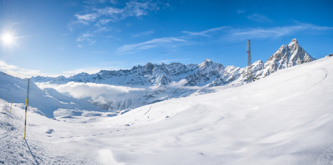 Panoramic view of Italian Alps from Cime Bianche in the winter in the Aosta Valley region of northwest Italy.
