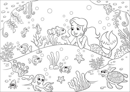 cute cartoon mermaid underwater world for Coloring Book