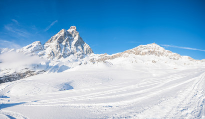 Fototapeta na wymiar Panoramic view of Italian Alps from Cime Bianche in the winter in the Aosta Valley region of northwest Italy.