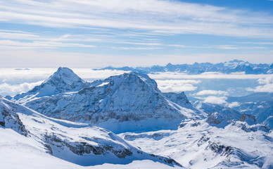 Panoramic view of Italian Alps from Plateau Rosa in the winter in the Aosta Valley region of northwest Italy.