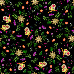 Embroidery child simplified ethnic floral seamless pattern. Vector traditional folk flowers ornament with butterflies on black background for design.