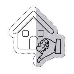 sticker monochrome contour with house and hand thumb down vector illustration