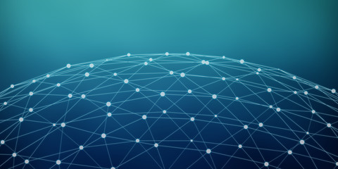 Floating white and blue glowing dot network 3D rendering