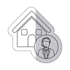 sticker monochrome contour house with male customer service vector illustration
