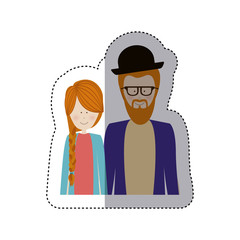 sticker color silhouette half body with couple redhead and man with beard and glasses and hat vector illustration