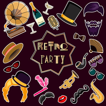 Vector set of elements for a retro party. Suitable for flyers, banners, illustrations, photo booth props. Art Deco style.