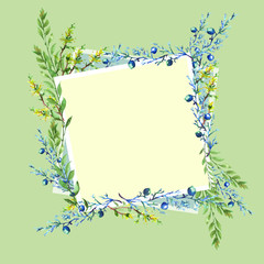 Obraz premium Watercolor card, frame with a pattern of wild trasteny, herbs. Juniper, branches with berries, blue, yellow wild flowers, leaves