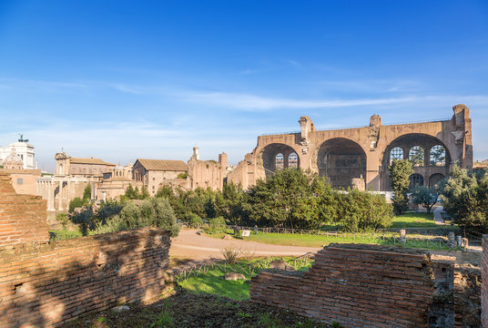 Rome, Italy. Roman Forum, from left to right: Temple of Antoninus and Faustina (141 AD), The temple of Romulus (307 AD), The Basilica of Maxentius and Constantine (312 AD)