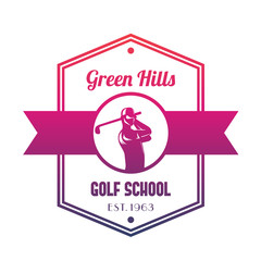 Golf school logo, emblem with golfer swinging club isolated on white