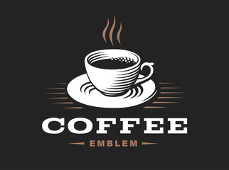 Coffee cup logo - vector illustration, emblem design on black background