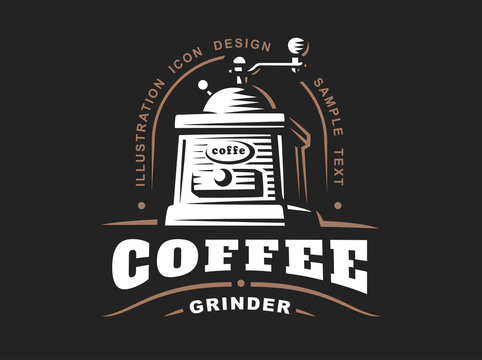 Coffee grinder logo - vector illustration, emblem design on black background