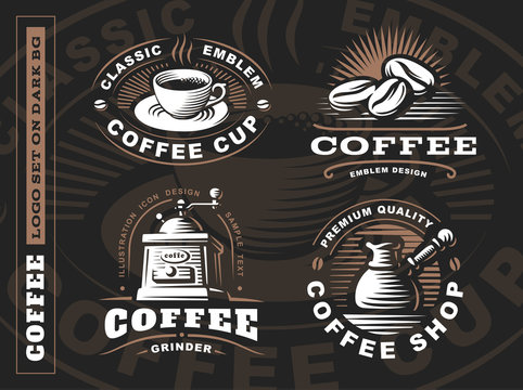 Coffee logo - vector illustration, emblem set design on black background