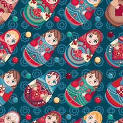 Matryoshka. Babushka doll. Seamless pattern. Colorful image