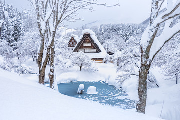 Famous traditional gassho-zukuri farmhouses in Shirakawa-go village, Japan.In the winter all...