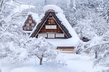 Famous traditional gassho-zukuri farmhouses in Shirakawa-go village, Japan.In the winter all...