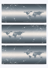Modern set of vector banners with World Map. Geometric presentation. Molecule DNA and communication background for medicine, science, technology, chemistry. Cybernetic dots. Lines plexus. Card surface