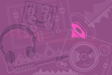 DJ Headphone, turntable, vinyl, mixer and speaker using simple line design.