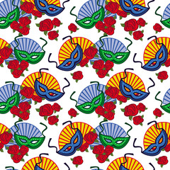 Seamless pattern with carnival masks. Raster clip art.