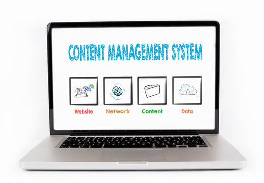 Content Management System, Business concept. Laptop isolated on white background.