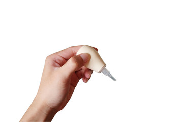 hand holding small Pump for suck snot of infant on isolate,have path ready to use