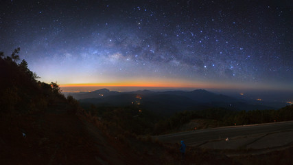 Panorama Milky Way Galaxy at Doi inthanon Chiang mai, Thailand. Long exposure photograph. With grain