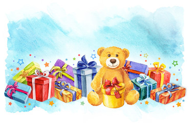 holiday presents gift boxes watercolor illustration. teddy bear with a gift