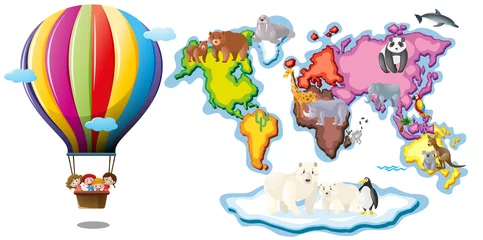 Fotobehang Dieren in luchtballon Wereldkaart met dieren en ballonvaren