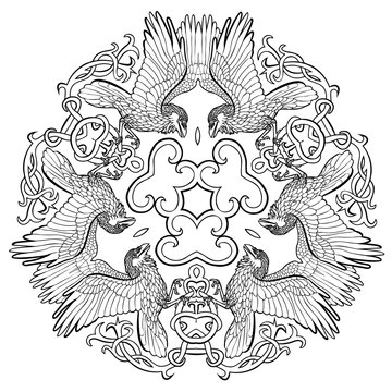 Vector illustration of celtic ravens ornament black and white