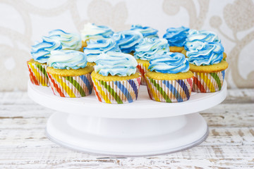 Festive cupcakes with cream in blue on a white wooden background