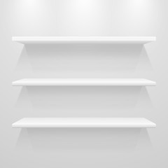 3d vector shelves template on gray wall, vector illustration