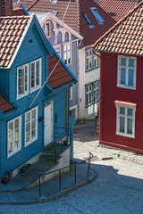 Street alley with wooden houses in Bergen, Norway