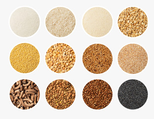 Set of Grain and cereal food selection in porcelain bowls.