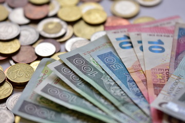 mix of coins and banknotes PLN and EUR