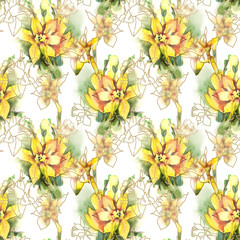 Daffodils Seamless Pattern. Watercolor Background.