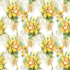 Daffodils Seamless Pattern. Watercolor Background.